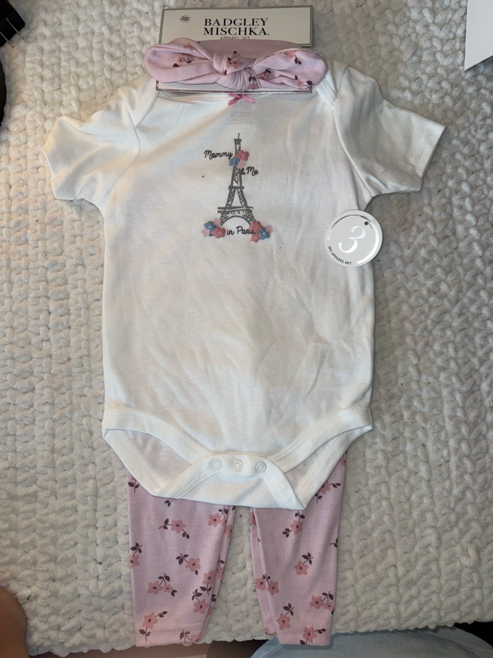 Badgley Mischka White Baby three-Piece with Pink Floral Eiffel Tower